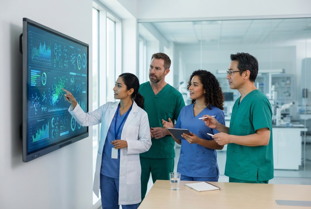Healthcare professionals reviewing clinical data